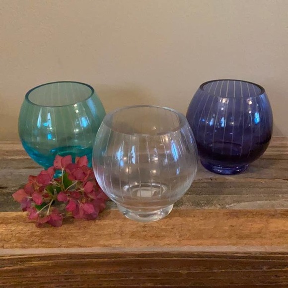 PartyLite “Santorini” Tealight Trio Candle Holders Clear Turquoise Navy Blue - Picture 2 of 10